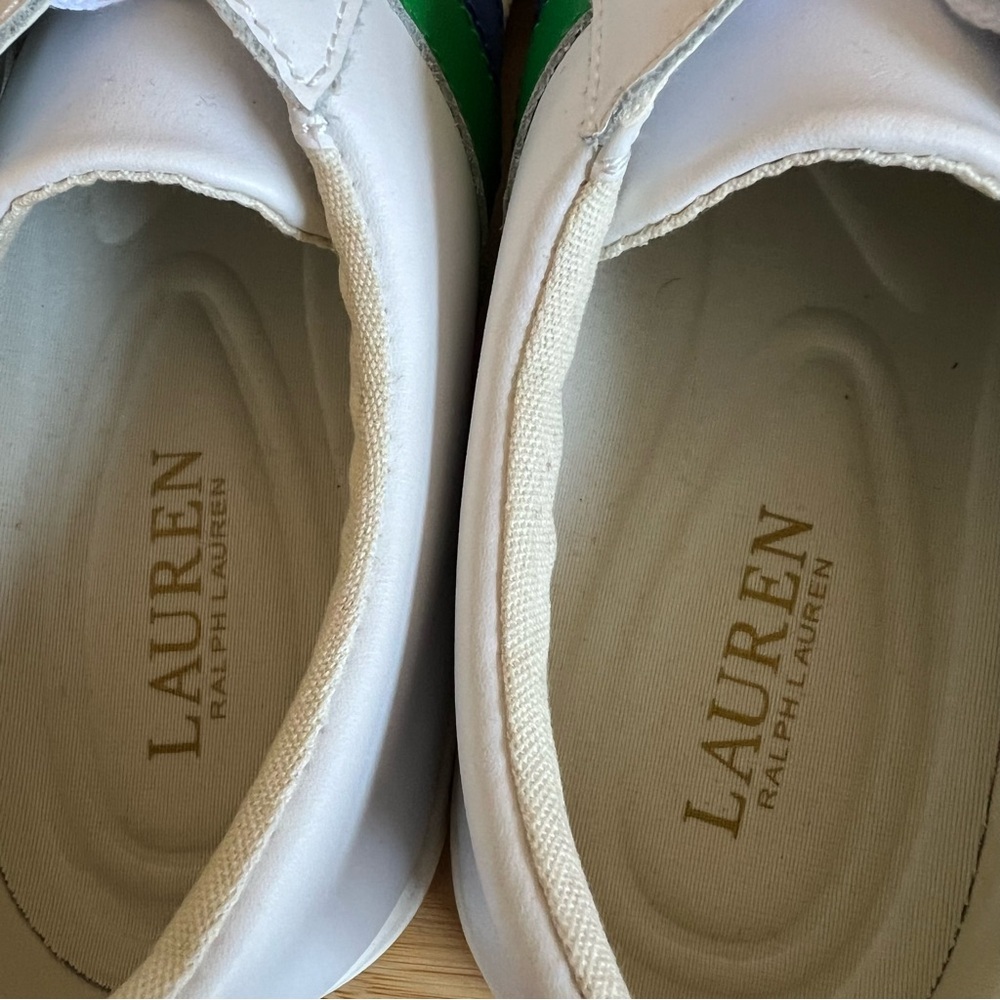 Lauren Ralph Lauren Jason II White Cow Leather Sneakers Blue/Green Stripes US8 - Picture 5 of 15